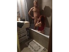 My stepmom tells me come and I'm going to show you how she fucks and gets into the bathtub, she grabs my huge black cock an